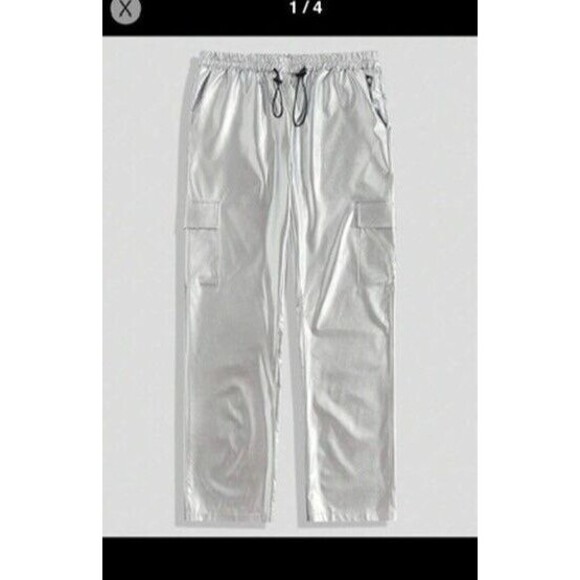 ROMWE Grunge Punk Men's Drawstring Belt Pu Leather Utility Cargo Pants SILVER - Picture 1 of 16